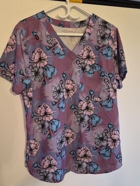 Options Women's Purple Floral V-Neck Medical Scrub Top